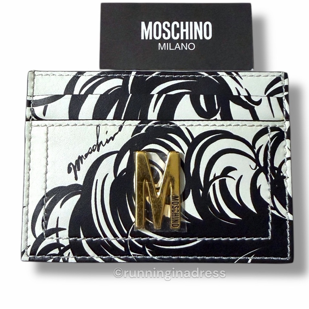 New Moschino Black & White Feather Print M Logo Card Holder